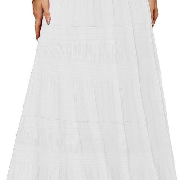 Women's Chiffon White Flowy Maxi Skirts Boho Fall Elastic Waisted Pleated A Line - Picture 1 of 4